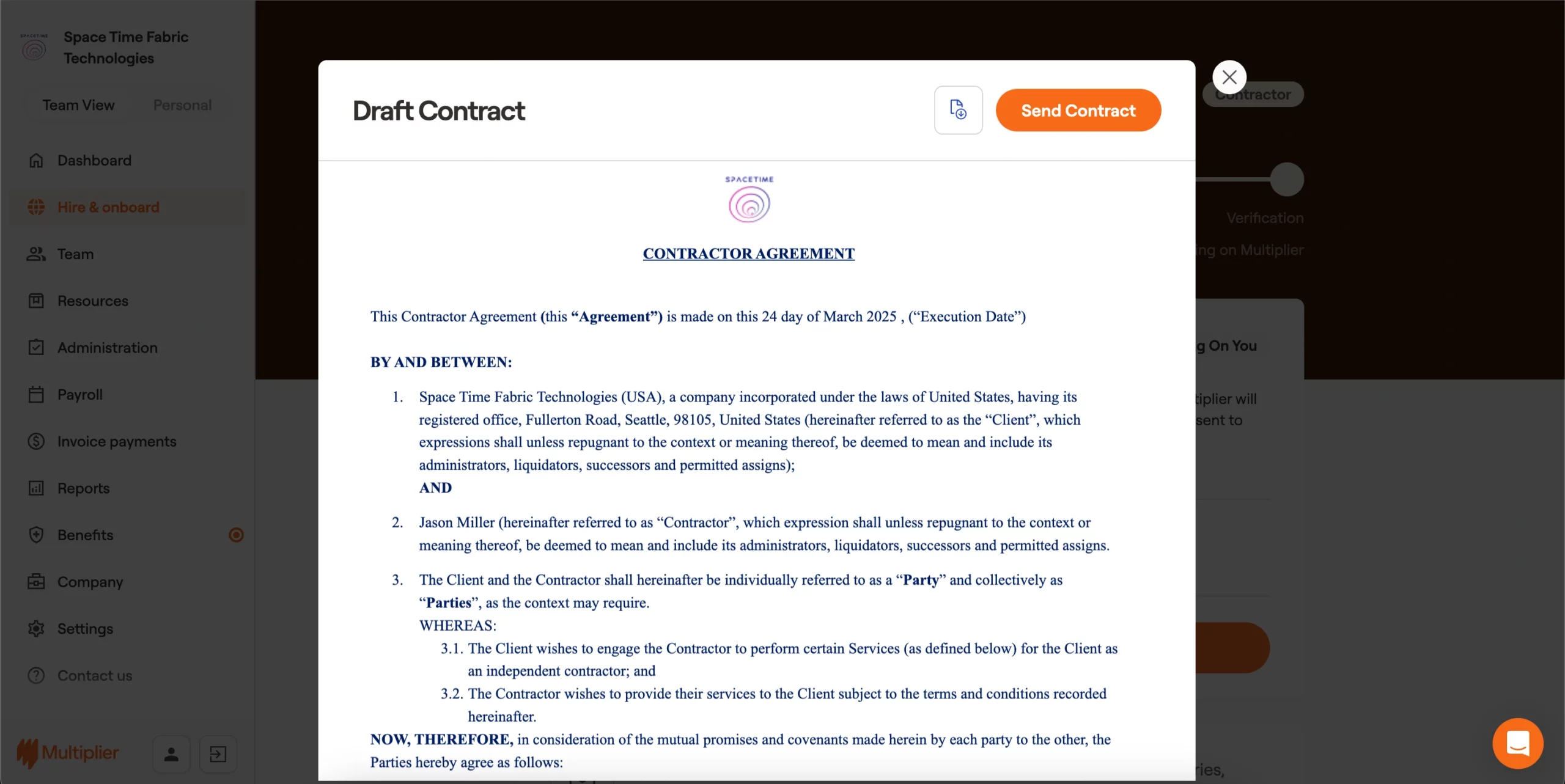 Contract sent to the contractor for onboarding in the United States of America (USA).